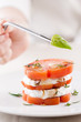Photo: Hand serving a basil leaf on mozzarella and tomato slices close- Hand serving a basil leaf on mozzarella and tomato slices close-