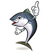 Cooks Tuna mascot the direction of pointing with both hands. Sco