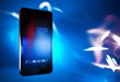 Black smart phone on blue defocus background, concept, template