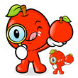 Apple mascot examine a with a magnifying glass. Fruit Character