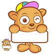 The Tarsier Mascot holding a big board with both hands. Animal C