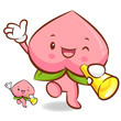 Peach mascot the left hand guides and the right hand is holding