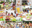 Montage Multicultural Families Eating Meal Outside