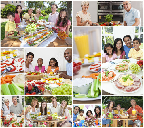 Photo: Montage Multicultural Families Eating Meal Outside Montage Multicultural Families Eating Meal Outside