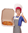 happy boy chef hold box with pizza