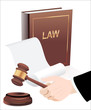 Gavel in hand and law book. Photo-realistic vector