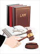 wooden gavel in hand and law books isolated on white