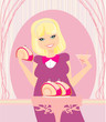 Fat girl with pie and drink, in a restaurant
