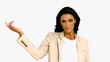 Businesswoman snapping her fingers and holding hand out