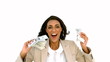 Video: Cheerful businesswoman holding dollars and jumping Cheerful businesswoman holding dollars and jumping