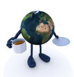 Illustration: planet earth with arms and legs and cup of coffee planet earth with arms and legs and cup of coffee