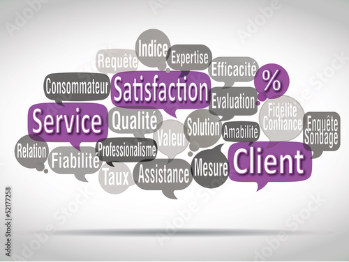 Illustration: nuage de mots bulles violetes : satisfaction client nuage de mots bulles violetes : satisfaction client