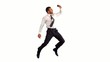 Businessman jumping and taking self portrait