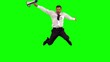 Businessman holding megaphone jumping up and shouting