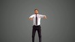 Businessman jumping and stretching towards the camera