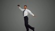 Businessman jumping and holding binoculars