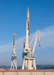 Three cranes in a shipyard