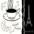 Background  of eiffel tower and traditional breakfast.