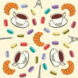 Seamless pattern with  French macaroons, croissants and black co