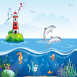 Children's illustration of the lighthouse and the sea dolphins.