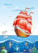 Illustration of a sailboat with red sails.