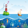 Children's illustration with lighthouse and sailboat.