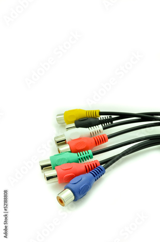 Photo: Close-up view of audio and video cables. Isolated on white.. Close-up view of audio and video cables. Isolated on white..