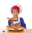 hungry boy chef eat pizza on white