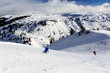 Skiers in Passo Campolongo near Skiing Resort of Arabba, Dolomit