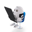 Android robot sitting with a Tablet Computer