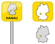 Hanau  - Ortsschild, Button und Deutschlandkarte