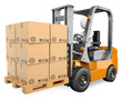 3D white people. Forklift with a pallet