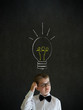 Thinking boy businessman with bright idea chalk lightbulb