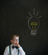 Thinking boy business man with bright idea chalk lightbulb