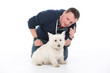 terrier and owner on white