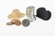 American Bison nickel with cowboy hat, straw hat and coins