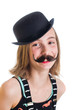 Foto: happy kid wearing fake mustache and bowler hat happy kid wearing fake mustache and bowler hat