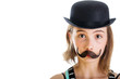 Foto: child wearing fake mustache and a bowler hat child wearing fake mustache and a bowler hat