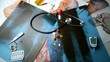 Pills falling over x ray next to medical tools 