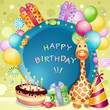 Birthday card with birthday cake, balloons and gifts