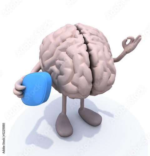 Illustration: brain with big blue pill on hand brain with big blue pill on hand