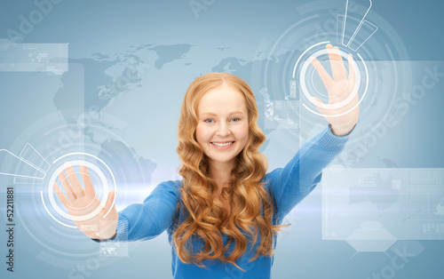 Photo: businesswoman working with virtual screens businesswoman working with virtual screens