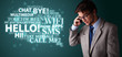 Young man making phone call with word cloud