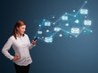 Young lady holding a phone with arrows and message icons