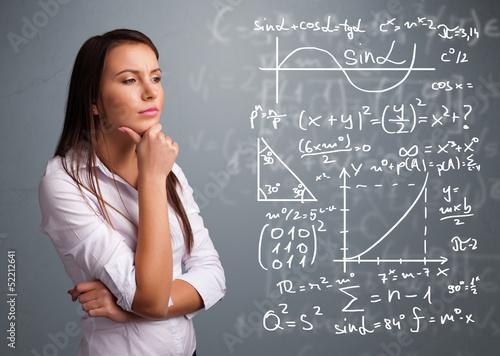 Photo: Beautiful school girl thinking about complex mathematical signs Beautiful school girl thinking about complex mathematical signs