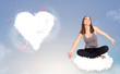 Beautiful lovely woman sitting on cloud with heart