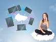 Photo: Young girl sitting on cloud enjoying cloud network service Young girl sitting on cloud enjoying cloud network service