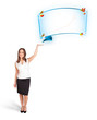 Young woman presenting abstract copy space with graphs and diagr
