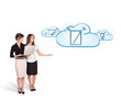 Beutiful young women presenting modern devices in clouds