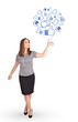 Happy lady holding social icon balloon